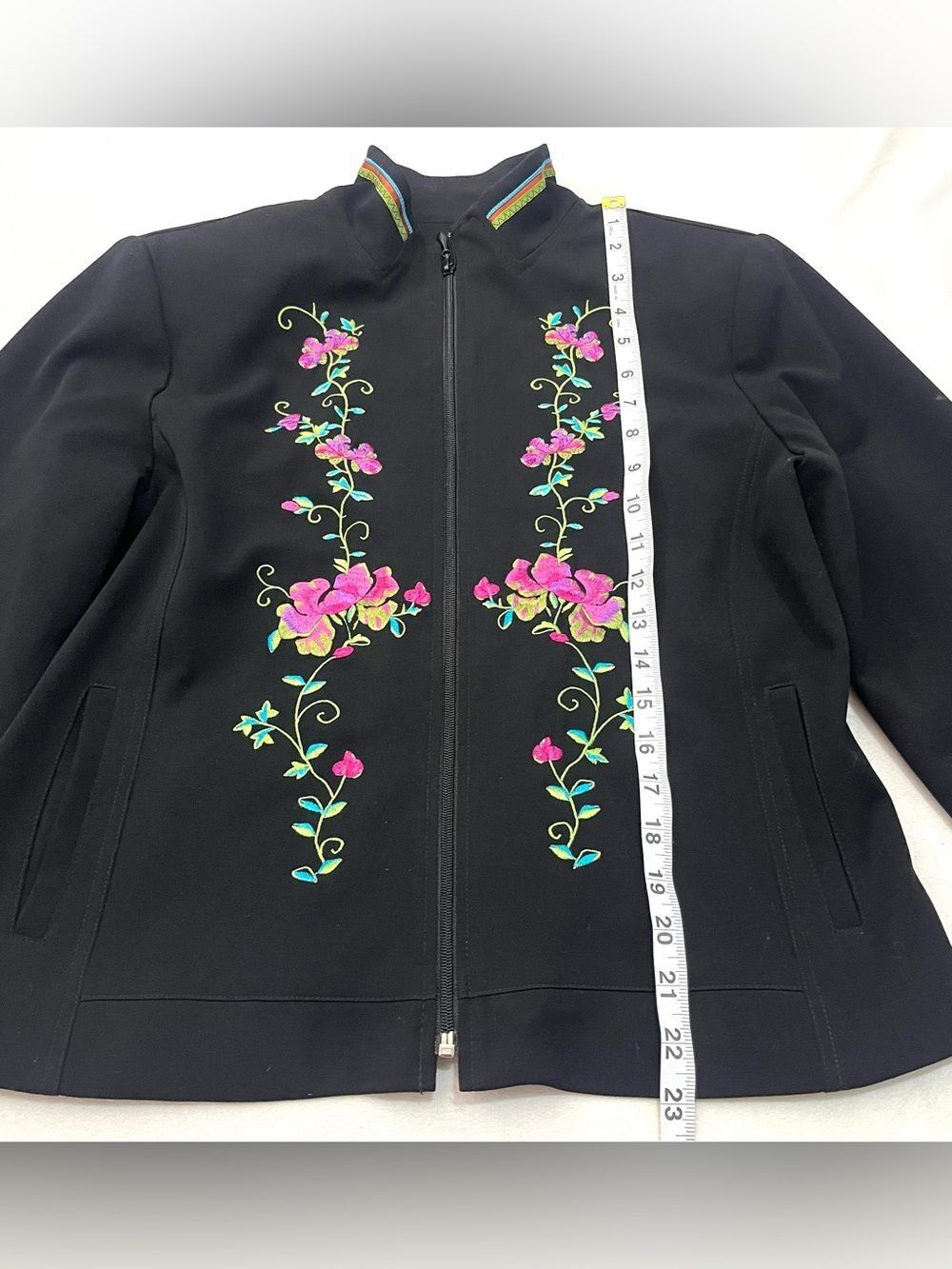 Nancy Bolen Embroidered Sequin Black Pink Floral Zip Blazer Jacket Women’s Top - Picture 12 of 16